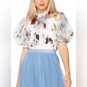 Gracia Paris Embroidered Balloon Sleeve Sheer Blouse